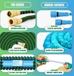 MD-Goods ® Super Sterk Uitrekbare Tuinslang Tot 30 Meter + GRATIS Tas En Koppelstuk - Tuinsproeier - Tuin Besproeien - Waterslang - Sproeikop - Groen - Flexibel Elastisch -Tuinhuis Shop 1169x1200