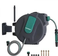 VONROC Automatische Slanghaspel – Incl. 25m Tuinslang, Aansluitslang, Spuitstuk, Koppelingen & Kraanaansluiting -Tuinhuis Shop 1200x1170