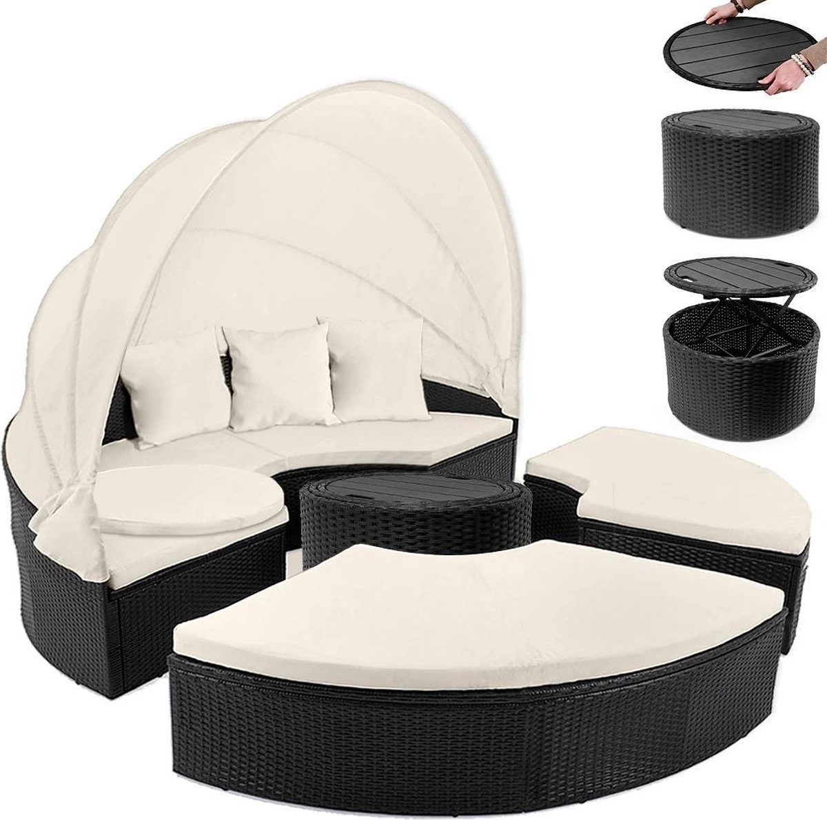 Casaria Polyrattan Zonne-Eiland Ø185cm – Incl. Kussens - Zwart Crème 5 Casaria Polyrattan Zonne-Eiland Ø185cm – Incl. Kussens - Zwart Crème - Afbeelding 5