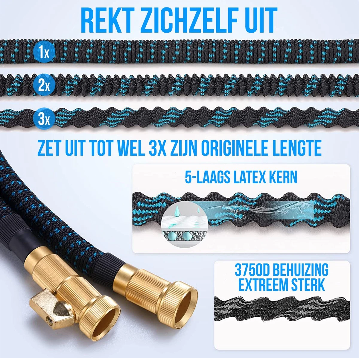 Strex Flexibele Tuinslang 15M Met Sproeikop - Uitrekbaar - Incl. Koppelingen, Ophanghaak & Opbergzak 3 Strex Flexibele Tuinslang 15M Met Sproeikop - Uitrekbaar - Incl. Koppelingen, Ophanghaak & Opbergzak - Afbeelding 3