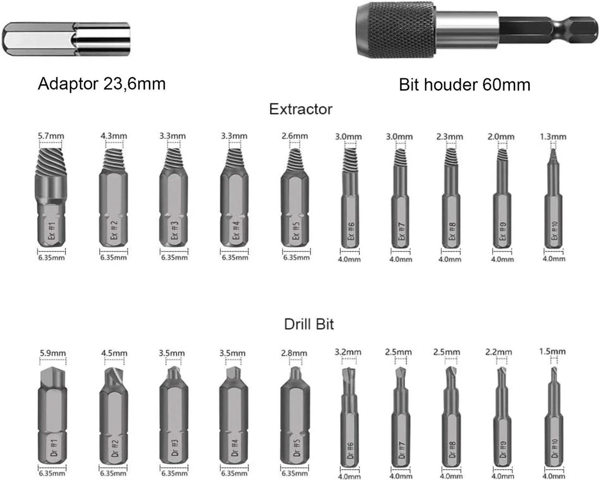Novalits - Professionele Bit- & Borensets - Schroefverwijderset - 22-delig - HSS Materiaal - Schroefverwijderaar - Uitboorset - Borenset - Schroefbitset - Linkse Tap - Bitset - Metaalborenset - Draadtapset - Versleten Schroeven & Bouten Verwijderen 7 Novalits - Professionele Bit- & Borensets - Schroefverwijderset - 22-delig - HSS Materiaal - Schroefverwijderaar - Uitboorset - Borenset - Schroefbitset - Linkse Tap - Bitset - Metaalborenset - Draadtapset - Versleten Schroeven & Bouten Verwijderen - Afbeelding 7